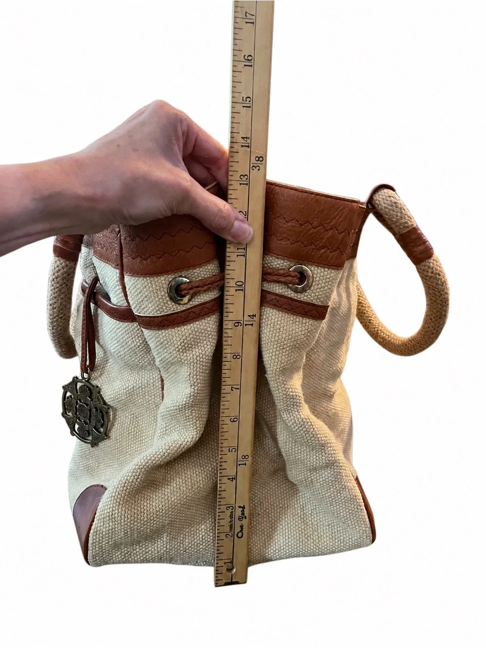Kate Landry Canvas & Leather Tote Bag Large Boho Chic Rope Handle Jute